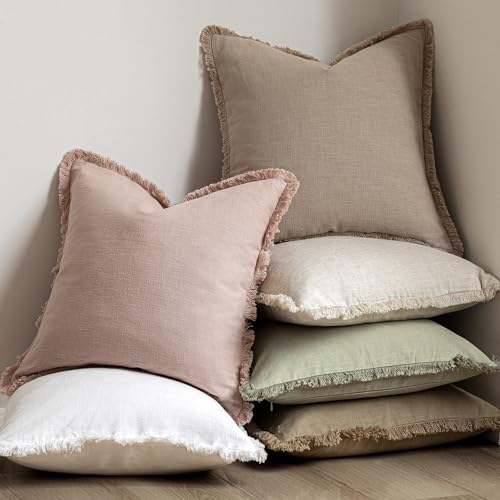 Decorative Linen Fringe Throw Pillow Covers 22×22 Light Pink (2 Count)