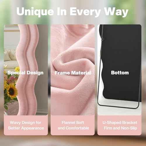 Full Length Mirror 63"x24" Irregular Wavy Full Body Wall Mounted Floor Mirror with Stand Pink Flannel Frame Leaning Hanging Wall for Bedroom Entrance Hallway