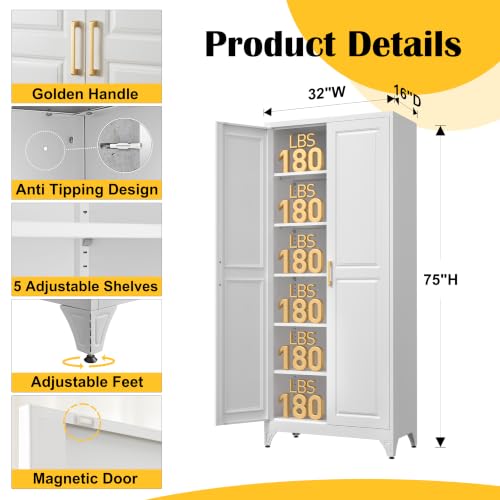 75”Metal Pantry Storage Cabinet with Doors & 5 Adjustable Shelves
