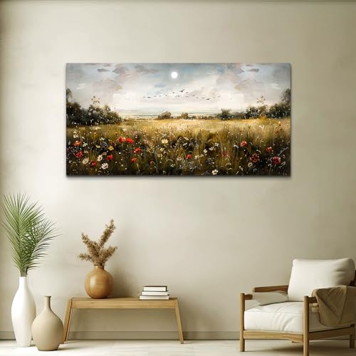 Large Wall Art Living Room Wall Decor for Bedroom Wildflower Field Vintage Wall Art Canvas Prints Paintings Farmhouse Artworks Pictures Modern Aesthetic Home Wall Decoration Ready To Hang