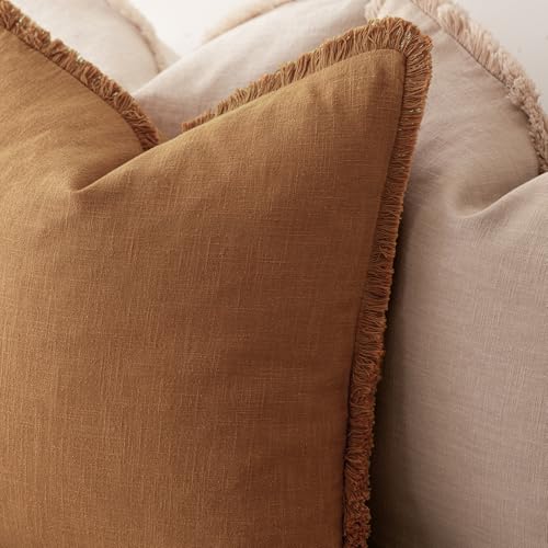 Decorative Linen Fringe Throw Pillow Covers 26×26 Inch (2 Count)