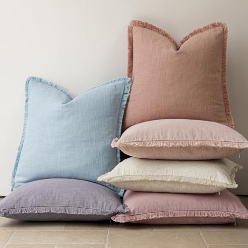 Boho Linen Fringe Lumbar Throw Pillow Covers 12×20 Coral Pink (2 Count)