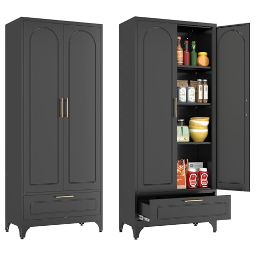 75" Tall Black Metal Pantry Storage Cabinet with 1 Drawer