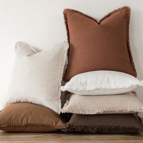 Decorative Linen Fringe Throw Pillow Covers 24×24 Orange Brown (2 Count)
