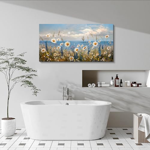 Blue Ocean Canvas Wall Art for Living Room Wall Decor For Bedroom Bathroom Decoration Abstract Natural Seascape Painting Modern Office Wildflowers Artwork Pictures Home Decor Ready To Hang