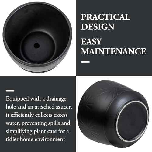7 Inch Black Ceramic Sunburst Planter Pot with Attached Saucer