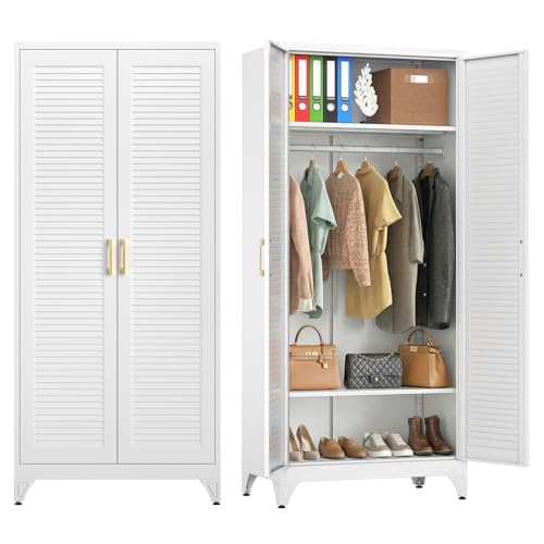 71" Tall White Wardrobe Closet with Door and Adjustable Shelves