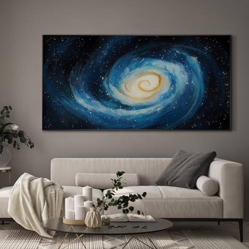36"x72" Extra Large Framed Wall Art Spiral Galaxy Vivid Blue and Yellow Cosmic Space Illustration for Home Living Room Bedroom Decor