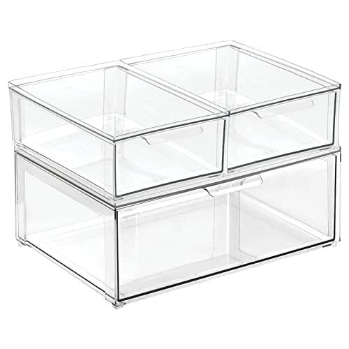 Plastic Stackable Closet Storage Organizer Bin Containers with Front Pull Drawer for Cabinet (3 Count)