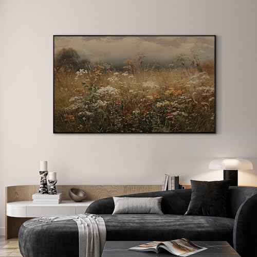 36"x60" Extra Large Framed Wall Art Autumn Meadow Landscape Rustic Brown and Golden Field Illustration for Home Living Room Bedroom Decor