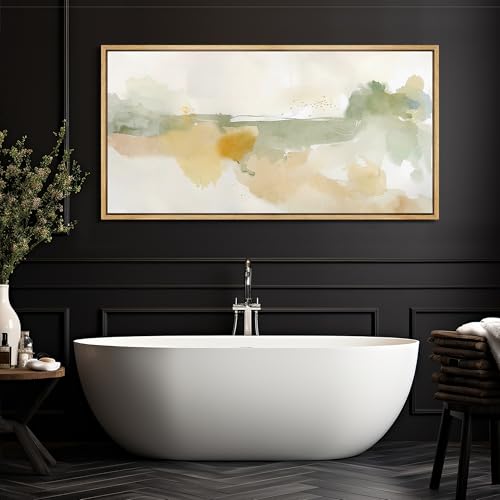 Extra Large Framed Canvas Print Wall Art Serene Watercolor Landscape in Green and Yellow Tones Antique Retro Fine Art Illustrations Decorative Colorful for Bedroom
