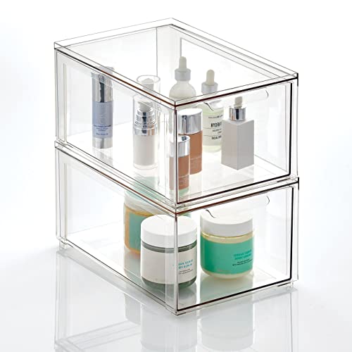 Plastic Stackable Bathroom Storage with Pull Out Bin Organizer Drawer for Cabinet (2 Count)