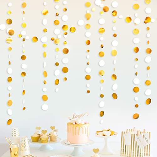 46 Feet White and Gold Circle Dots Garland Hanging Paper Polka Dots Streamer for Birthday Bachelorette Engagement Anniversary Wedding Bridal Shower Christmas Holiday Party Decorations Supplies