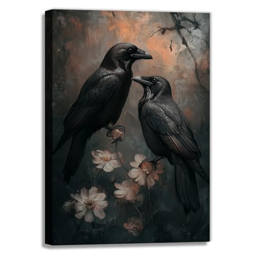 Birds Canvas Wall Art Black Couple Crow Picture Print Vintage Gothic Raven Artwork for Living Room Halloween Home Wall Decor