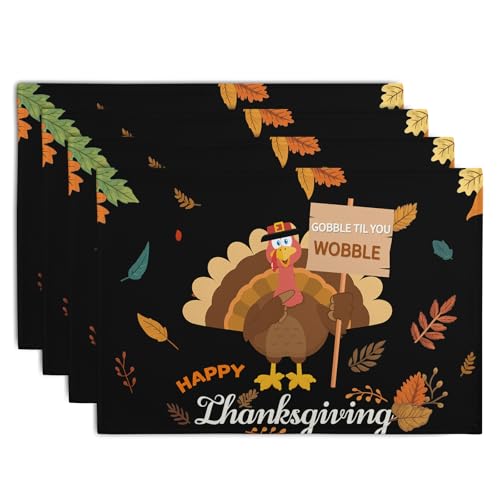 Happy Thanksgiving Placemats Set of 4 Gobble Turkey Leaves Thanksgiving Linen Table Mat 12x18 Inch Seasonal Fall Washable Heat Resistant Non (4 Count)