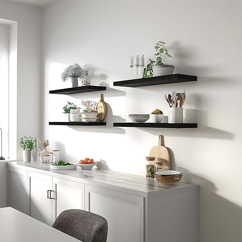 Black Wood Floating Shelves for Wall Rustic Wall Shelves for Bedroom Set of 6 (6 Count)