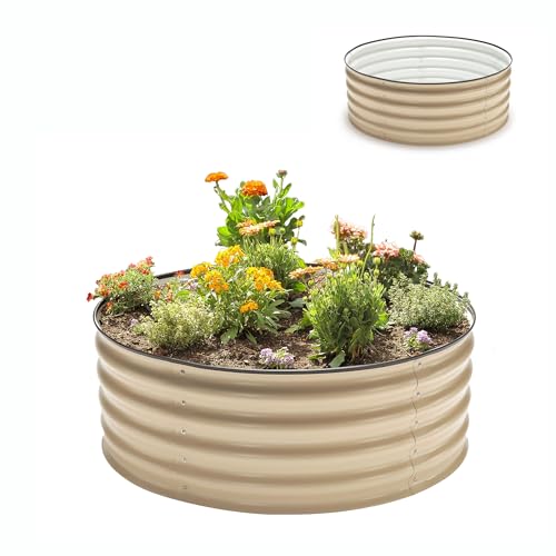 5-in-1 Modular Galvanized Raised Garden Bed Kit, 15" Tall Metal Planter Box, Durable Aluzinc Steel Raised Garden Bed Outdoor for Vegetables, Herbs, Flowers & Fruits - Round - Light Clay