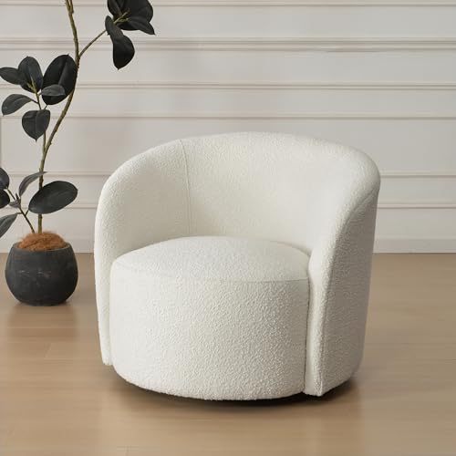 34" W Mid Century Modern Boucle Swivel Barrel Chair