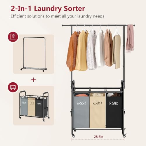 Laundry Sorter Cart with Hanging Clothes Rack