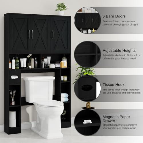 Over The Toilet Storage Cabinet with 3 Barn Doors.Black