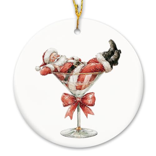 Christmas Santa in Martini Glass Bar Ceramic Ornament Gifts