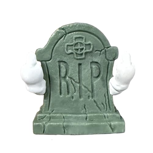 Halloween Graveyard Tombstone Statue Middle Finger Gestures Figurines Halloween Desk Ornaments Designs Spooky Mini Sculpture for Home and Office Holiday Party Decorations