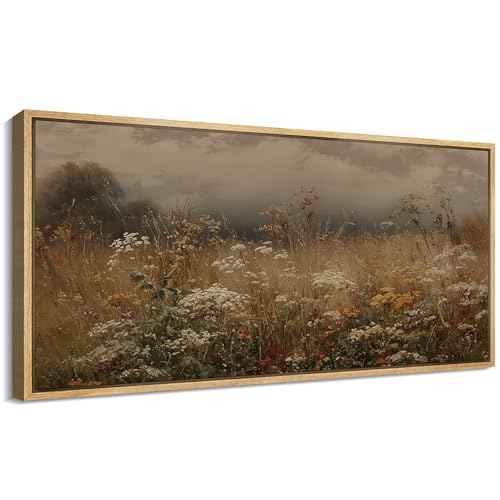 Extra Large Framed Canvas Print Wall Art Autumn Meadow Landscape Rustic Field Illustrations Fine Art Illustrations Decorative Colorful for Bedroom