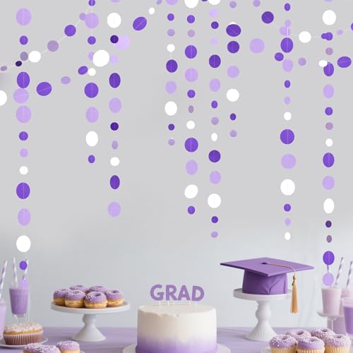 46 Ft Purple and White Circle Dots Garland Lavender Hanging Paper Polka Dot Streamer for Birthday Anniversary Engagement Wedding Bridal Shower Valentine Day Lilac Themed Party Decorations Supplies