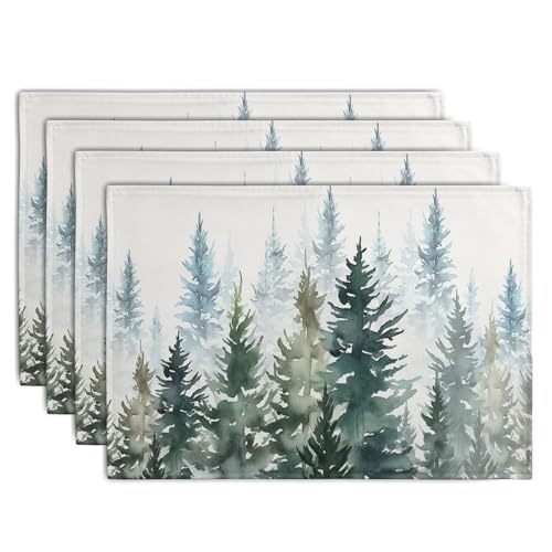 Watercolor Dark Green Tree Table Mats Set of 4 Rustic Nature Forest Pine Tree Placemats Seasonal Winter Holiday Place Mat Farmhouse Washable Linen Placemat for Dining Table Kitchen Christmas Decor (4 Count)