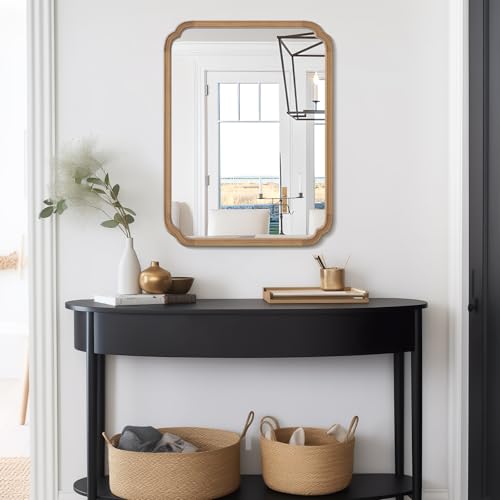 28" x 40" Rounded Corner Arch Wall Mirror with Wood Frame for Entryway