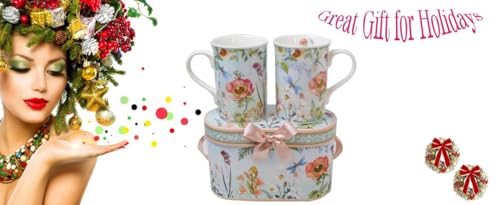 Elegant Bone China Two Coffee Mugs set in Dragonfly design (2 Count)