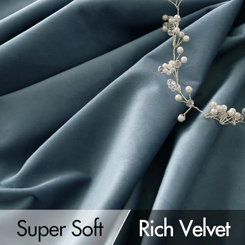 Stone Blue Velvet Pinch Pleat Blackout Curtains W52 X L108 Inches (2 Count)