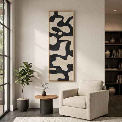 Large Framed Black Beige Abstract Wall Art for Living Room Horizontal 60x20
