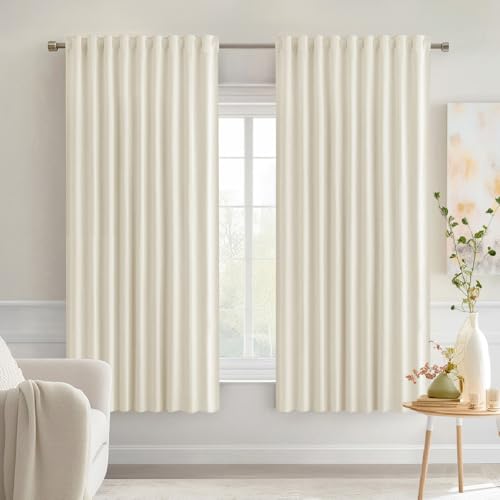 Beige White Back Tab Blackout Curtains 52x63 Inches Long 2 Panel Set