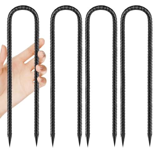 Rebar-Stakes-12-Inch, Ground Stakes Heavy Duty U-Hook Black Coated Anti-Rust Heavy Duty Ground Anchors for Garden Dog Fence Chicken Coop Christmas Decorations Deer Fence 4pcs (4 Count)
