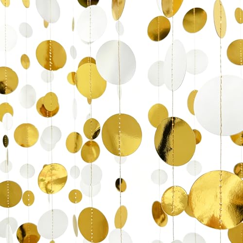 46 Feet White and Gold Circle Dots Garland Hanging Paper Polka Dots Streamer for Birthday Bachelorette Engagement Anniversary Wedding Bridal Shower Christmas Holiday Party Decorations Supplies