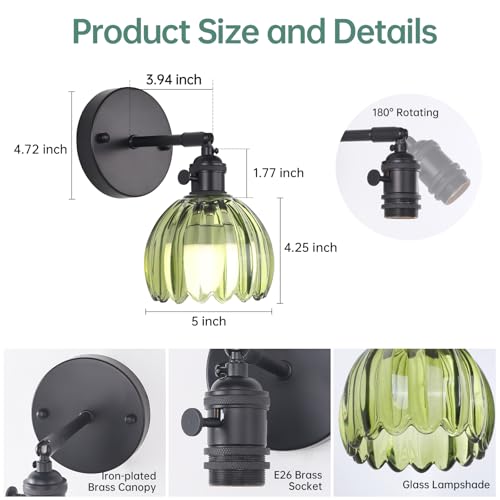 Vintage Battery Operated Wall Sconce with Green Tulip Glass Lampshade Rechargeable Battery Powered Black Wall Light with Remote Control for Bedside Bedroom Doorway (2 Count)