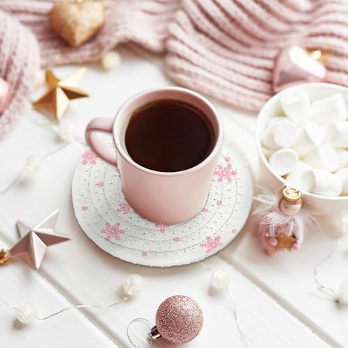Winter Snowflake Coasters Handmade Braided Cotton Drink Coasters Pink Gray Christmas Snowflake Absorbent Cup Mats for Drinks Coffee Xmas Holiday Party Home Office Desk Table Decor (4 Count)
