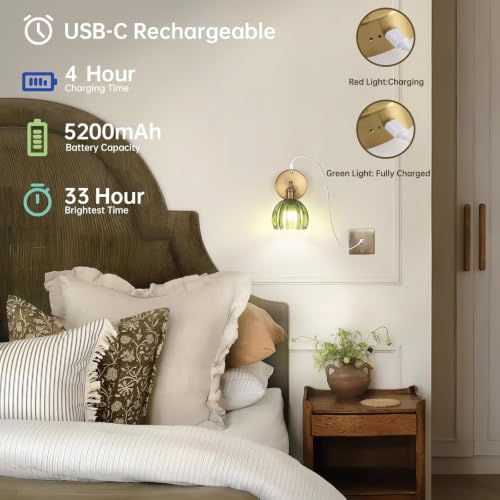 Battery Operated Vintage Wall Sconces with Green Tulip Glass Lampshade Battery Powered Wall Lighting for Bedside Bedroom Doorway