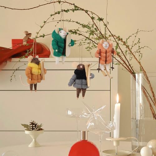 Set of 4 Christmas Felt Skiing Mice Ornaments (4 Count)