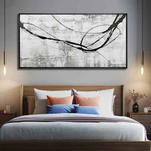 Black Line Canvas Pictures Gray Decorative Painting 29"x58" Wood Wall Art Modern Art Prints Abstract Wall Art for Living Room Wall Pictures for Bedroom