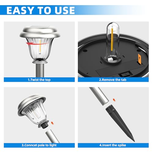 Solar Lights Outdoor Waterproof Stainless Steel Glass Solar Pathway Lights (6 Count)