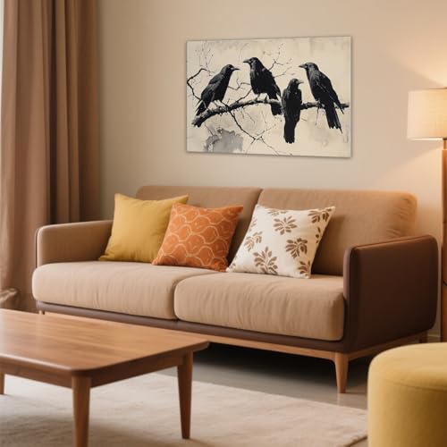 Birds Canvas Wall Art Black Couple Crow Picture Print Vintage Gothic Raven Artwork for Living Room Halloween Home Wall Decor