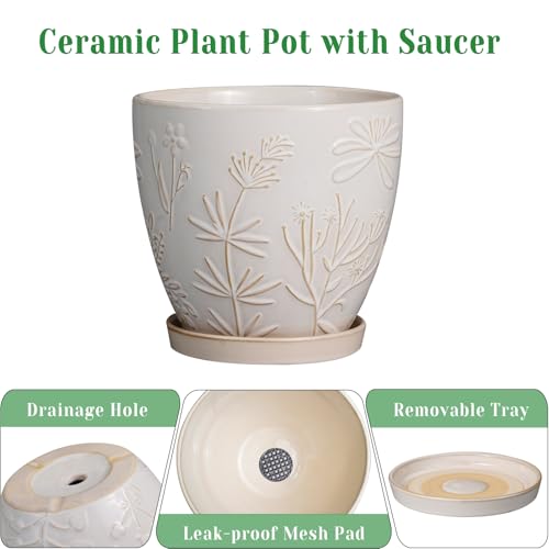 10 Inch Plant Pot Ceramic Planter Pot with Drainage Hole and Saucer Round Planter Large Flower Pot for Indoor Outdoor Plants Home Garden Decor White