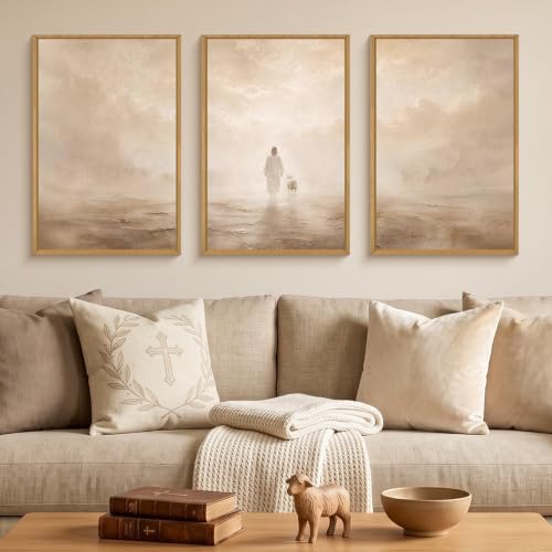 Christian Jesus and Lost Lamb Framed Canvas Wall Art
