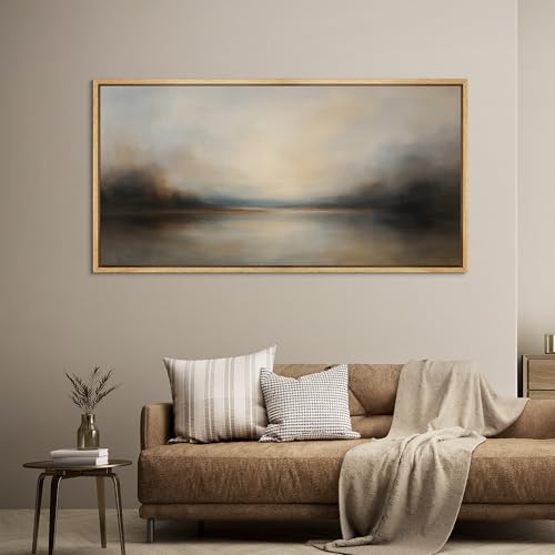 Extra Larg Framed Canvas Print Wall Art Abstract Landscape Neutral Tones Misty Horizon Illustrations Decorative Colorful for Bedroom