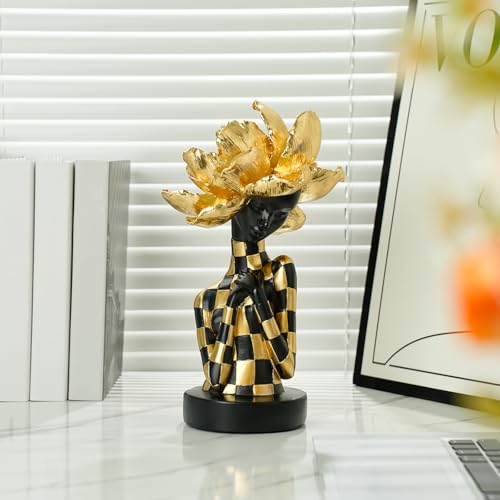 African Woman Sculpture with Golden Flower Headpiece