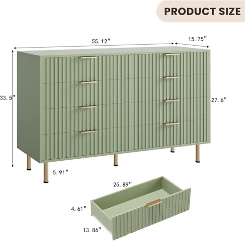 55" Fluted Green 8 Drawer Dresser for Bedroom with Deep Drawers