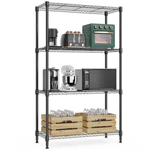 1000 lbs 4Tier Shelf Metal Storage Shelves Wire Rack Closet Organizers with Wheel for Garage Kitchen Bathroom Laundry Black 13.7" D x 23.6" W x 53.4" H (4 Count)