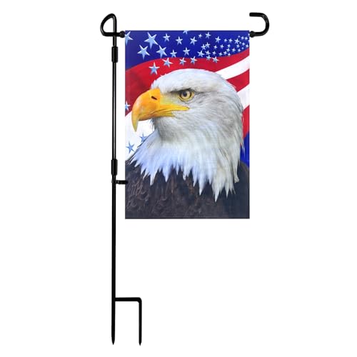 Garden Flag Stand with American Garden Flags Patriotic Stars and Eagle Yard Flag 12x18 Inch Holder Pole Stake Double Side for Outside with Clips and Stopper